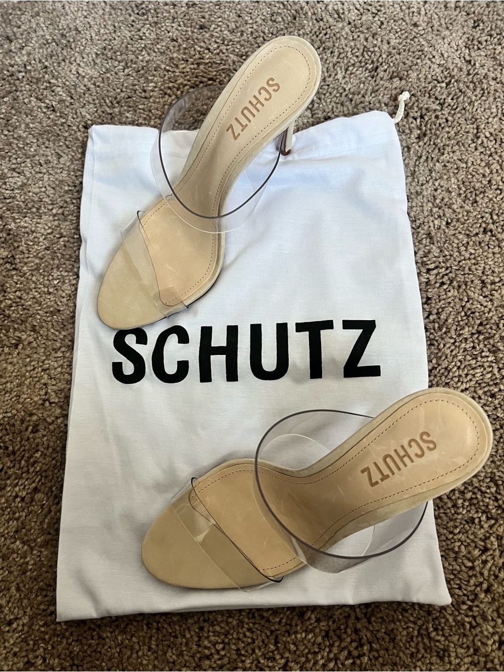 SCHUTZ Beige Nude Clear Strap Slide Heels